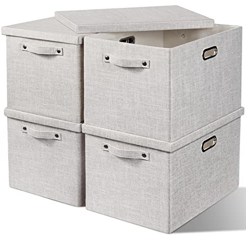 4x24L Storage Bins with Lids for Organizing-Decorative Storage Boxes with Lids Fabric Closet Storage Bin for Clothes Linen Storage Organizer Boxes Baskets Bedroom Storage and Organization-Beige