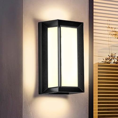 LANFU LED 18W Modern Rectangular Outdoor Wall Sconce 3000K Outside Light for House Patio, Black with Full Border Warm White, IP64 Waterproof Outdoor Wall Lights for House Patio Exterior Wall (1 Pack)