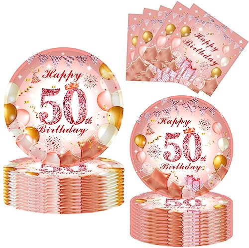 POPOYU 52 Stück 50 Geburtstag Party Geschirr,Deko 50. Geburtstag Frauen,Servietten 50Geburtstag Rosegold,Pappteller 50Geburtstag Rosegold,Servietten für Frauen Geburtstagsfeier Dekor