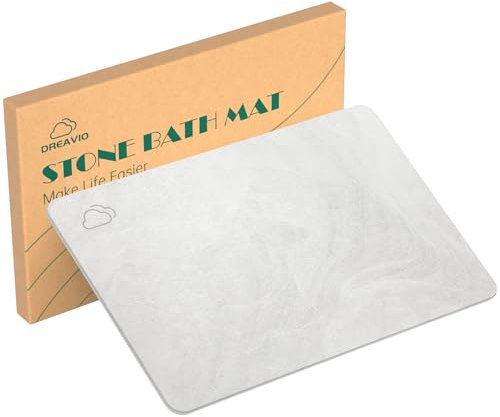 DREAVIO Badmatta i sten – snabbtorkande och halkfri kiselgur badmatta, superabsorberande kiselsten badmattor för badrumsgolv, köksbänk, badkar, duschmatta i sten (59,7 cm x 38 cm, marmorvit)