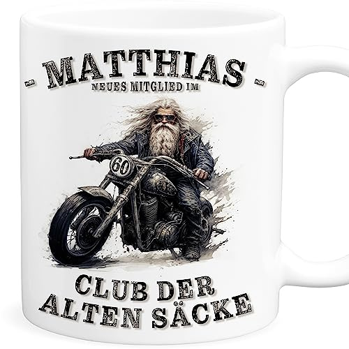 Club der alten Säcke Tasse personalisiert zum 60. Geburtstag für Männer | Personalisiert, hochwertige Keramik, spülmaschinen- & mikrowellengeeignet, Motorrad Motiv, lustiges Geschenk