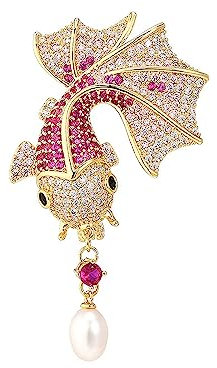 JadeAngel Koi-Fisch-Anstecknadel, Karpfenbrosche für Damen, modische Goldton-Fisch-Brosche mit Süßwasserperlen-Charm, Messing, Zirkonia