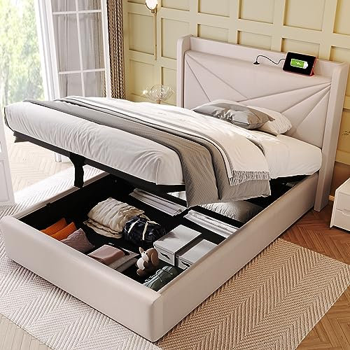 Polsterbett Einzelbett Stauraum Bettkasten mit USB Typ C Ladefunktion Kopfteil,Stauraumbetten Bettgestell aus Leinenmaterial Jugendbett 90x200 mit lattenrost (90x200CM, Beige - Ohne Matratze)
