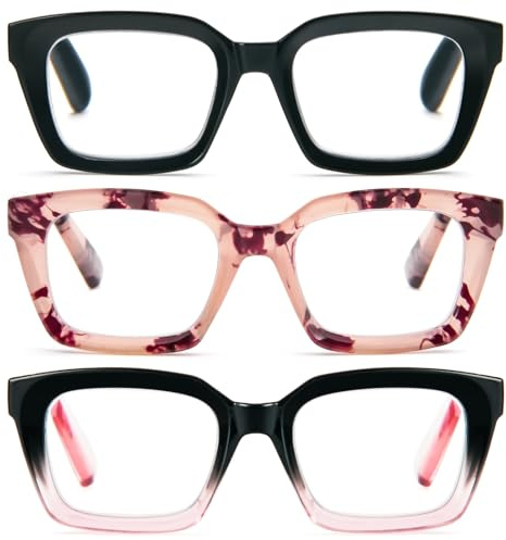 KoKoBin 3 Pack Lunettes de vue Lecture Anti-Lumière Bleue,Lunettes pour lire Surdimensionnées Carrées Élégantes,Anti-Fatigue Lentille Claire Hommes 3.0