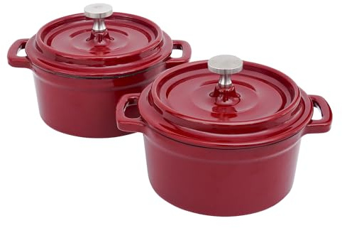 Flavehc Mini Cocotte 453.6 g Mini Dutch Oven 0.5qt. Gusseisen Knoblauchbräter für Ofen Knoblauch Confit Topf Auflaufförmchen mit Deckel ofenfest 2er Set Rot