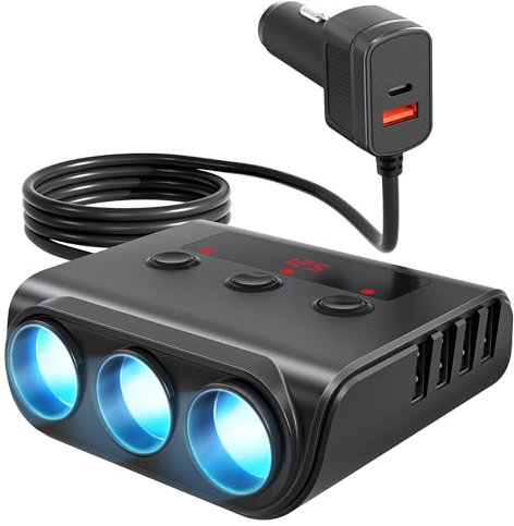 Zigarettenanzünder Verteiler, 3 Fach 12V/24V Steckdose mit 5 USB Anschlüsse, KFZ Zigarettenanzünder Stecker mit LED Voltmeter Getrennte Schalter für Kühlbox Handy Sitzheizung GPS DashCam