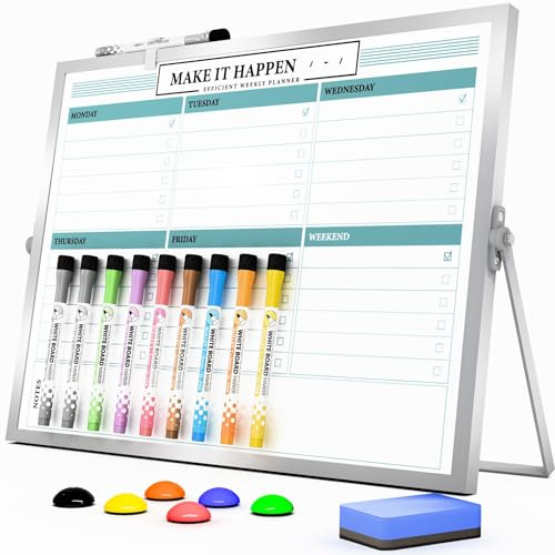 Marsrock Dry Erase A3 White Board with Stand,Double-Sided Weekly Whiteboard 40x30cm,10 Markers,6 Magnets,1 Eraser,Portable Desktop Whiteboard for Planning,Weekly Schedule Board for School for Office