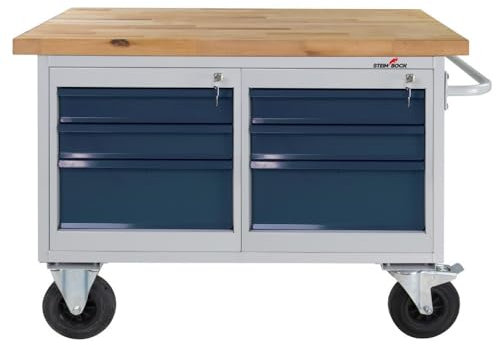 Steinbock Werkbank mit 6 Schubladen und Staufach | 500 kg Tragkraft | HxBxT 82,7 x 130 x 60 cm | mobil | Anthrazitgrau | 4 cm Starke Holzplatte | stabiles Stahlgestell | Made in EU | Profi-Werktisch