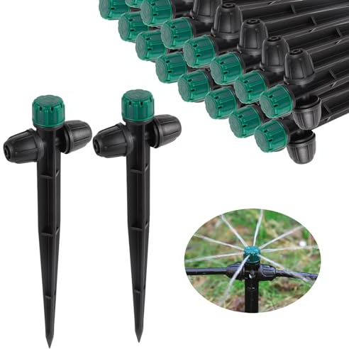 FOGWOWO 30 Stück Bewässerungstropfer Emitter für 1/4 Zoll Bewässerungsschlauch,360 Grad Einstellbar Tropfbewässerung Tropfer auf 6.5 Zoll Pfahl für Garten Bewässerungssystem