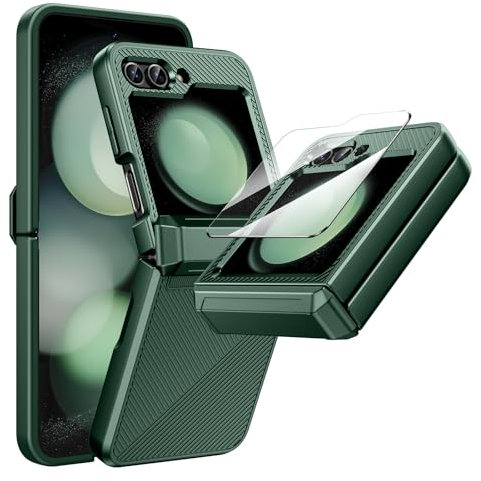 Doeshine for Samsung Galaxy Z Flip 5 Case with Hinge Protection & Built-in Screen Protector, Slim Fit Non-Slip Stylish Texture Shockproof Rugged Phone Protective Cover for Galaxy Z Flip 5 5G (Green)
