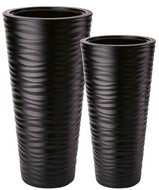 MELTOM Blumenkübel 3D Effekt Welle Slim Rund Einsatz Pflanzgefäß Set 2: XL XXL Schwarz (Schwarz)