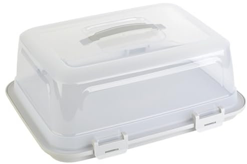 Engelland Rechteckige Kuchen-Transportbox mit Griff, Deckel und 4-fach Klick-Verschluss, Farbe: Beige-Transparent, 44 x 35 x 17,50 cm, BPA-frei, Torten-haube, Stückeinteilungshilfe