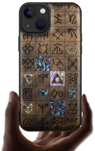 Carveit Coque Magnétique pour iPhone 13 Étui de TPU, Gravure en Bois et Incrustation de Coquille Cover Compatible Magsafe avec 13 Coque (Noyer-Runes mystiques)