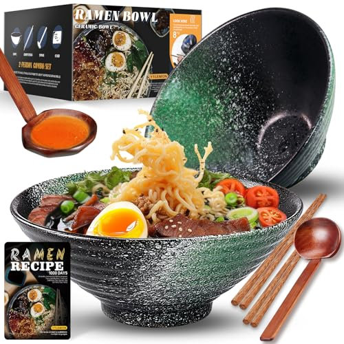 8 Pollici 2 Set Ciotola Ramen In Ceramica(9 pezzi), Ciotola Di Pasta Giapponesi Con Ricette Forchetta Bacchette E Cucchiaio Per Spaghetti Zuppa Di Insalata Snack Bowl Regali Per Uomini Donne Di Casa