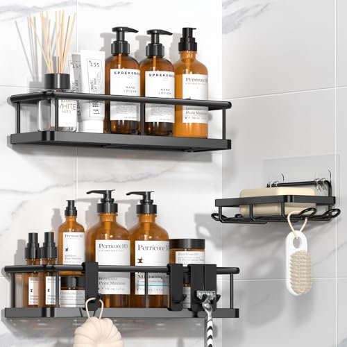 YASONIC Duschregal ohne Bohren mit Seifenschale - Rostfreier & Stabiler Badezimmer Organizer, Schnelltrocknend Duschablage Badregal, Shampoo Halterung für Dusche Shower Shelf, 3 Stück Schwarz