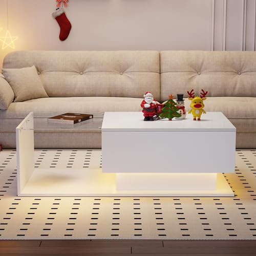 BTM Hochglanz-weißer Couchtisch 100x50x32 cm - mit Glasplatte und Schubladen, Kratzfest, mit 1 Schublade, mit LED-Beleuchtung, moderner Stil
