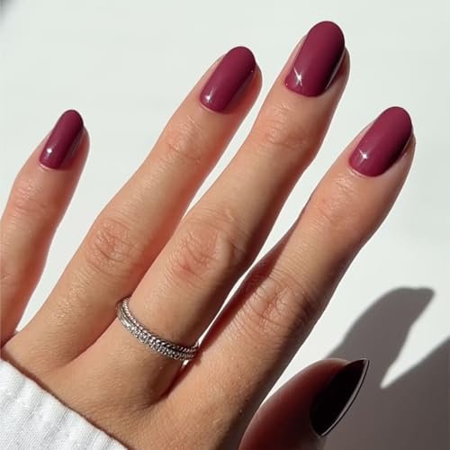 Glamnetic Press On Nails - Berry Maroon | Opaque Dark Red Maroon Short Round Fake Nails, Reusable | 12 Sizes - 30 Nail Kit | Berry maroon press on nails, 15 sizes. Fall nails, glue-on set. Waterproof, chip-resistant, up to 2 weeks wear