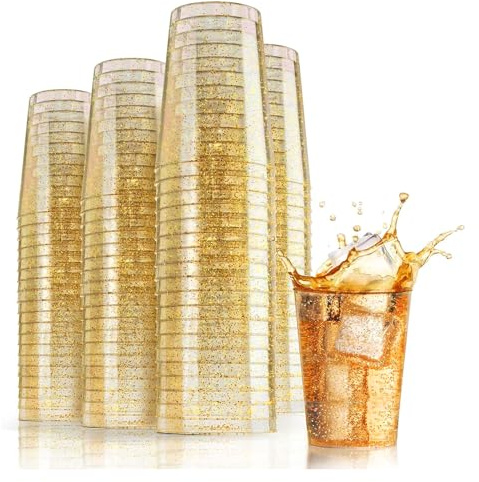 KOOSREEL Plastic Cups, 50 Pack 285ml/10oz Plastic Party Cups with Gold Glitter Reusable Plastic Glasses, Tumblers, Gold Cups for Drinks, Cocktail, Dessert, Wedding, Parties,Christmas
