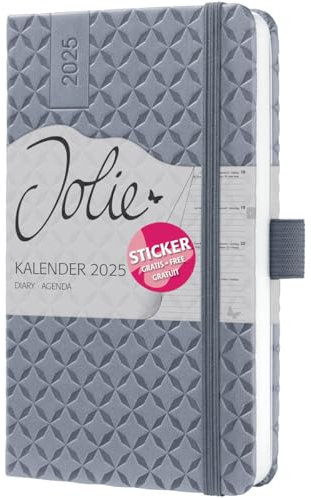 Wochenkalender Jolie A6 2025 glacier grey - SIGEL - 1 Woche auf 2 Seiten - Terminplaner mit geprägtem Kunstleder-Cover, Gummiband, Stiftschlaufe, Einstecktasche und Stickerbogen - 9,5 cm x 15 cm