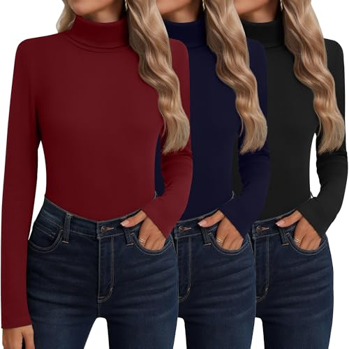 Neer 3er Pack Damen Rollkragen Baumwolle Langarm Ärmeln Thermo Unterwäsche Basisschicht Herbst Winter Shirts Pullover