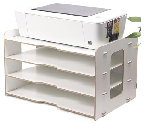 lskdnrufh Druckerständer Druckerregal, Verdickter Aktenhalter, Holz-Desktop-Mehrschicht-Bürobücherregal mit 4 Gittern, A3-Papieraufbewahrungsbox, Informationsbox Druckertisch(White)