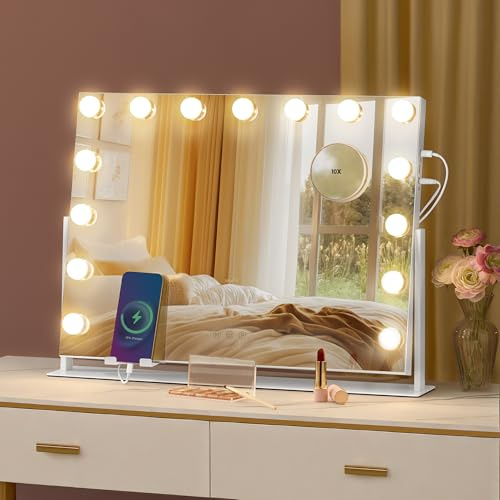 SONGMICS Vanity Makeup Mirror with Lights, Charging Ports, 15 Dimmable LED Bulbs, 3 Colour Temperatures, Detachable 10x Magnifying Mirror, Phone Holder, 58 x 43 cm, Matte White LWM001W03