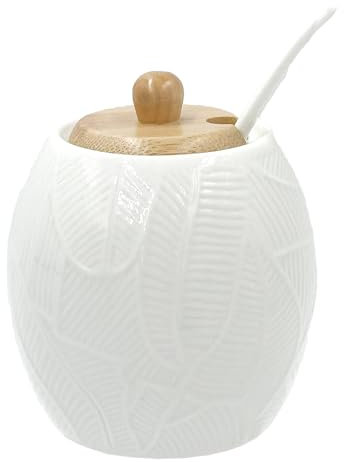 LA PORCELLANA BIANCA - Intavola Foglie Zuccheriera con cucchiaino 250 ml, Porcellana e Legno