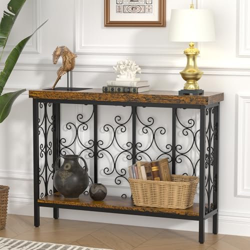 Konsolentisch, 108cm Industrieller Konsolentisch Schmal - Flurtisch Hinter dem Sofatisch mit 2 Etagen Lagerregal aus Holz in Rustikalem Braun für Eingangstisch, Wohnzimmer, Flur