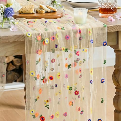 Artoid Mode Champagne Embroidery Daisy Gauze Table Runner 120 Inch 10FT, Seasonal Sheer Kitchen Dining Holiday Wedding Birthday Table Decor for Home Party