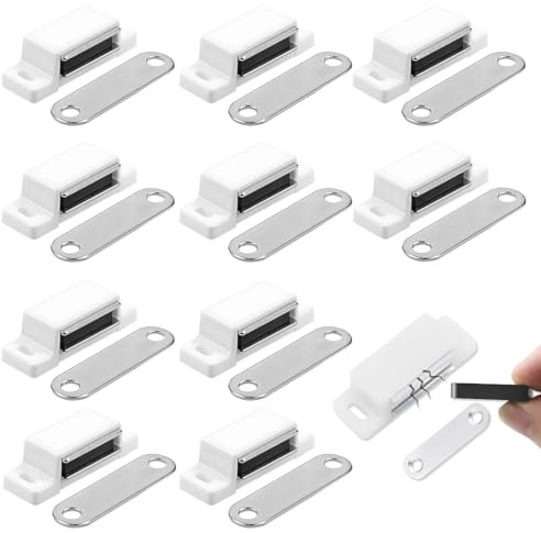 JUGUTA Imanes Puertas Armario - 10X Iman Puerta Armario Y Muebles - Cierre Magnetico Puerta Montaje Adhesivo O Con Tornillos Incluidos - Sujeción De 14 Kg - Blanco