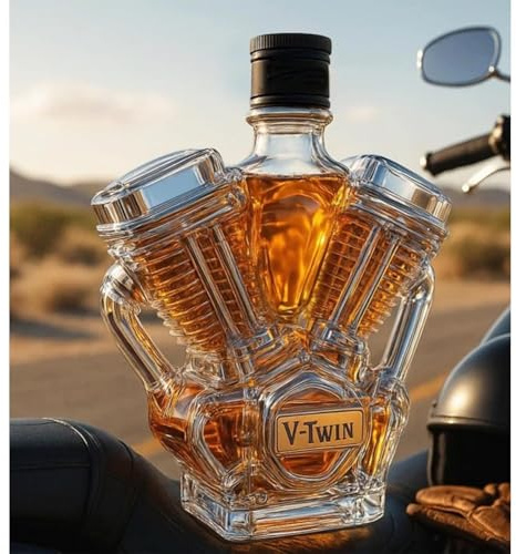 Decanter Whisky Figurine - 300ML Carafe A Decanter Vin, Bouteille De Vin V-Twin Gravée En 3D, Carafe À Whisky En Verre Fantaisie, Bouteille De Whisky En Verre Faite Main, Design Moteur Moto(B)