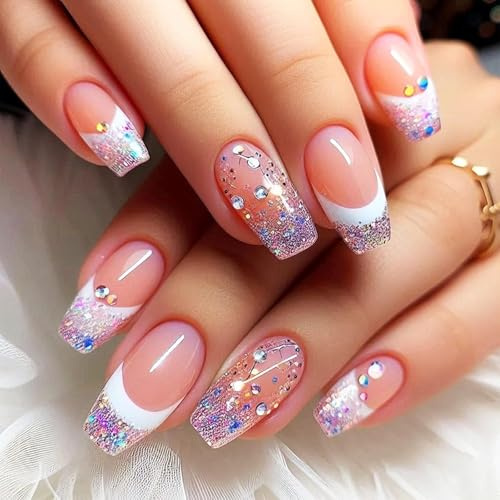 VelvetGlow Lot de 24 faux ongles à presser - Faux ongles en acrylique - Couverture complète - Faux ongles incurvés - Violet brillant - Paillettes moyennes
