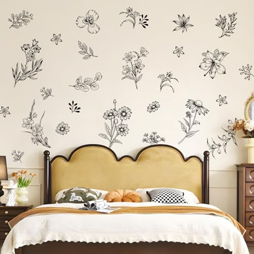 Tanlaby Sketch Wildflower Wall Stickers, Black Flower Wall Decals Retro Garden Floral Wall Decor Peel and Stick Walll Art for Bedroom Office Sofa TV Backdrop