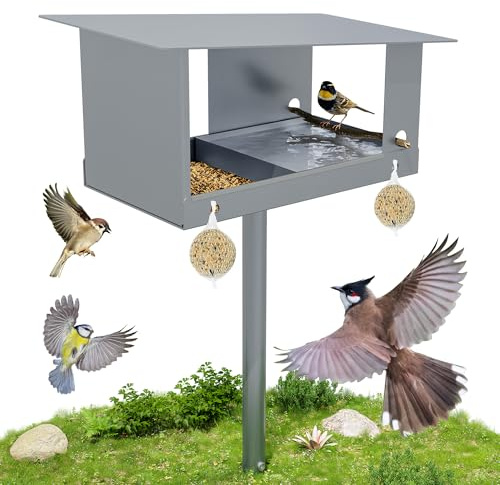 Amopatio Vogelhaus mit Ständer, 3-in-1 Wetterfestes Vogelfutterhaus Stabilem Vogelfutterspender für Vögel mit Anti-Frost Schale & Dach, langlebiges Vogelhäuschen aus Metall, Grau