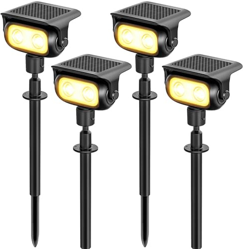 MEEKBOS LED Solar-Gartenstrahler, 4 Stück, 3000 K Warmweiß, mit Erdspieß | Solarlampe mit Dämmerungssensor, IP65 wasserdicht, für Garten, Rasen, Wege und Außenbereiche