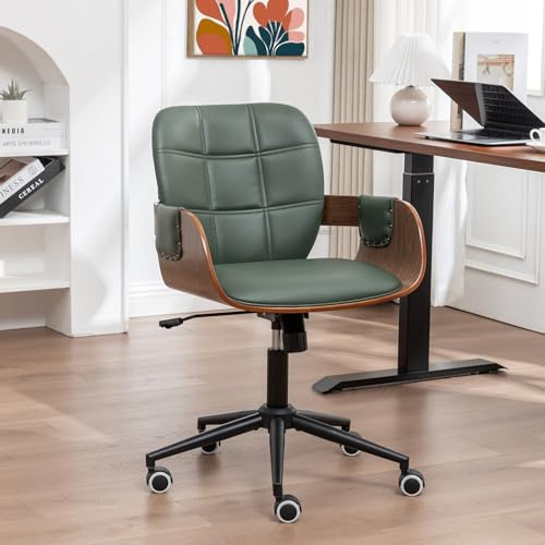 Home Office Desk Chair with Caster Wheels, Walnut Craftsmanship, Ergonomic Curved Back and Arms, Faux Leather, Height Adjustable, Ideal for Desk Work, Conference Rooms, Set of 1/Walnut Green