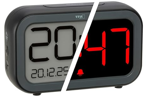 TFA Dostmann Digitalwecker Bingo Hybrid mit LCD/LED Anzeige, 60.2048, Wecker mit Hybridanzeige, integriertem Akku & USB-C Kabel, automatischer Wechsel, Datum, Snooze, schwarz