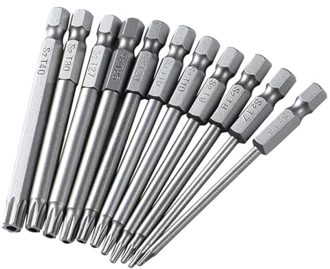 100mm Extra Torx Screwdriver Bit Set, 11PCS Magnetic Tips, Steel Star Bits, 1/4 Hex Shank (T6-T40)