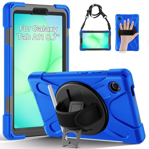 Gerutek Cover per Samsung Galaxy Tab A11 8,7 Pollici 2025, Blu | Custodia Robusta Antiurto con Supporto Girevole a 360°, Cinghia per Mano/Spalla, Portapenne