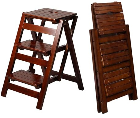 3-Step Ladder Stool, Wooden Folding Step Stool for Home & Kitchen, Solid Pine with Non-Slip Steps & Anti-Scratch Shoe Covers, 337lb Weight Capacity, Space-Saving, No Assembly Required (Walnut)