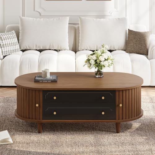 Merax Mesa de centro de salón – madera de nogal + negro, 100 x 50 x 36 cm, 2 puertas enrollables, 2 cajones, mesa auxiliar con 4 patas resistentes, mesa de café retro