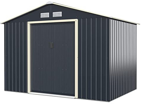 GOPLUS Metall Gerätehaus 7,06 m², Erweitert 277 x 255 x 202 cm Gerätehaus, Geräteschuppen mit Schiebetür, Satteldach, Lüftungsfenster, Gartenhaus für Garten Terrasse Balkon