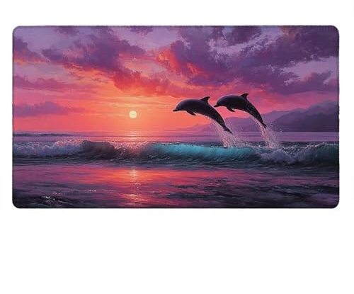 Tappetino Mouse Gaming XXL, 2000x1000x3mm Grande Tappetino Scrivania Cuciti Base in Gomma, Mouse Pad Impermeabile Antiscivolo, Desktop Ufficio, Migliora Precisione Velocità (Delfini Tramonto) xR7-811