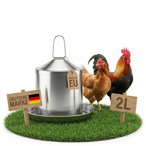 Hühnertränke Edelstahl 2L, Geflügeltränke für Hühner | Für Wachteln & Enten, hängend oder bodenstehend, UV-beständig, frostsicher, leicht zu reinigen, EU hergestellt