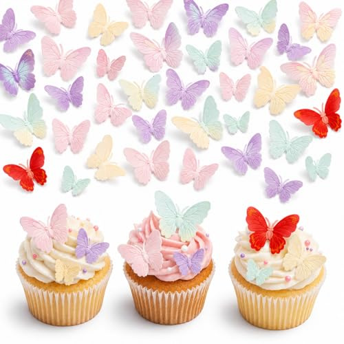 72Pcs Butterfly Edible Cupcake Toppers, 2D Glutinous Paper Butterfly Cake Toppers, Colourful Cupcake Decorations for Wedding Baby Shower Party Birthday Party, Baking Gifts for Women
