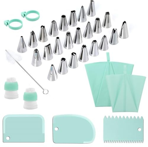 Set de mangas pasteleras y boquillas, utensilios reutilizables para decorar pasteles con 2 mangas pasteleras reutilizables, 24 boquillas, 2 anillos de silicona, 2 acopladores y 3 raspadores