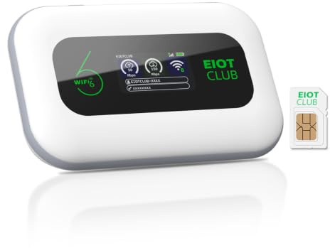 EIOTCLUB Mobiler 4G LTE WLAN-Router 3000mAh mit 1GB Europa-SIM Ohne Vertrag | Integrierte EU-SIM (33 Länder) | Mobiler WiFi 6 Hotspot (150Mbps, 2,4GHz) | WPA3, 32 Geräte, LCD Display, Reisen & Camping