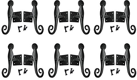 Renovators Supply Manufacturing Shutter Dogs 5.5 in. Black Rat Tail Shaped Wrought Iron Shutter Dogs with Mounting Hardware Pack of 6