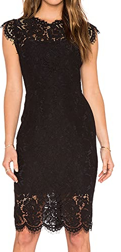 MEROKEETY Women's Sleeveless Lace Floral Elegant Cocktail Dress Crew Neck Knee Length for Party, Black, X-Large
