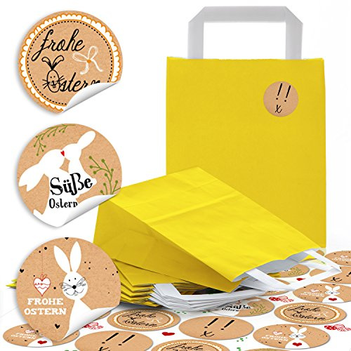 Logbuch-Verlag 10 kleine gelbe Ostertüten mit Henkel 18 x 8 x 22 cm + 24 Osteraufkleber FROHE OSTERN - Osternest zum Befüllen Oster Verpackung